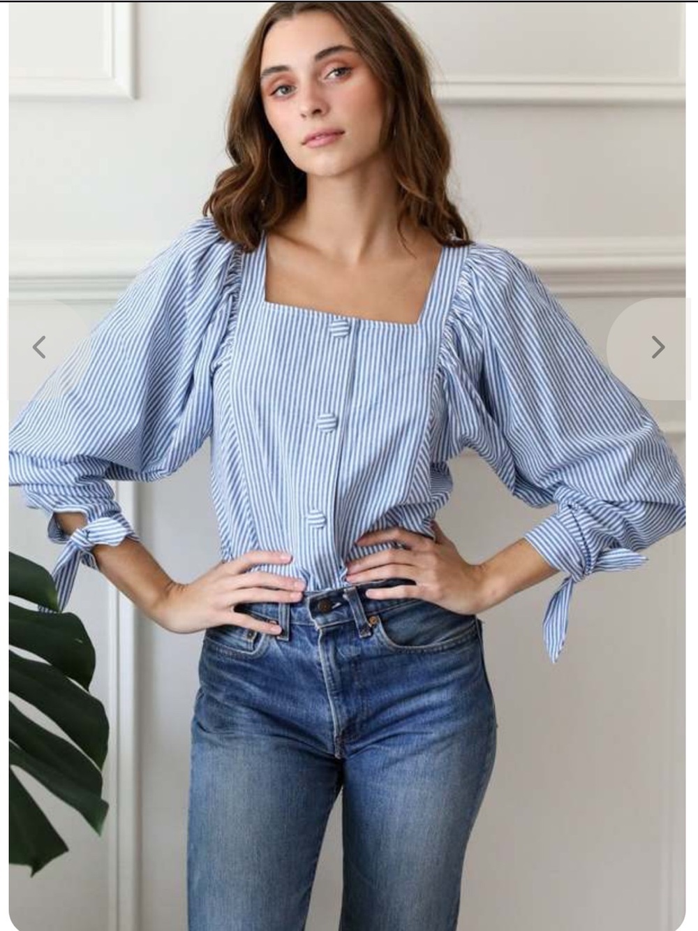 Mille Alma Top in Blue and White Stripe Puff Sleeve Covered Button Front Small